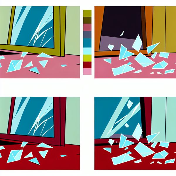 Minimalistische illustratie van een gebroken venster met glasfragmenten op de grond.