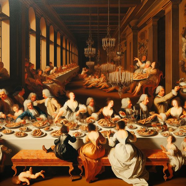 Gebruikelijk eten in barokke familiediner-scène - taaluitdrukking leren Barokke familiediner-scène met identieke borden eten op een lange tafel, illustrerend het begrip 'gebruikelijk' in een warme, traditionele setting