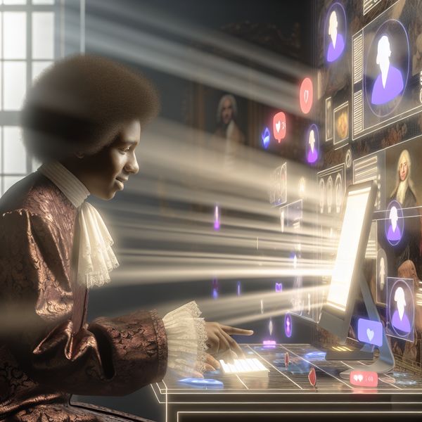 Jonge persoon aan een computer, genietend van het aanpassen van hun online gebruikersprofiel, omgeven door digitale elementen en een warme sfeer.