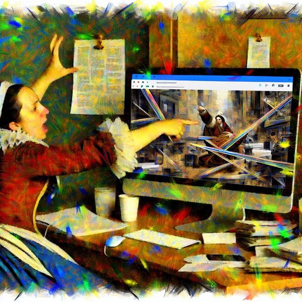 Gebruiksvriendelijke website navigatie leren met visuele uitleg Digitale illustratie van een persoon die gefrustreerd wijst naar een rommelige website met onduidelijke navigatie op een computerscherm