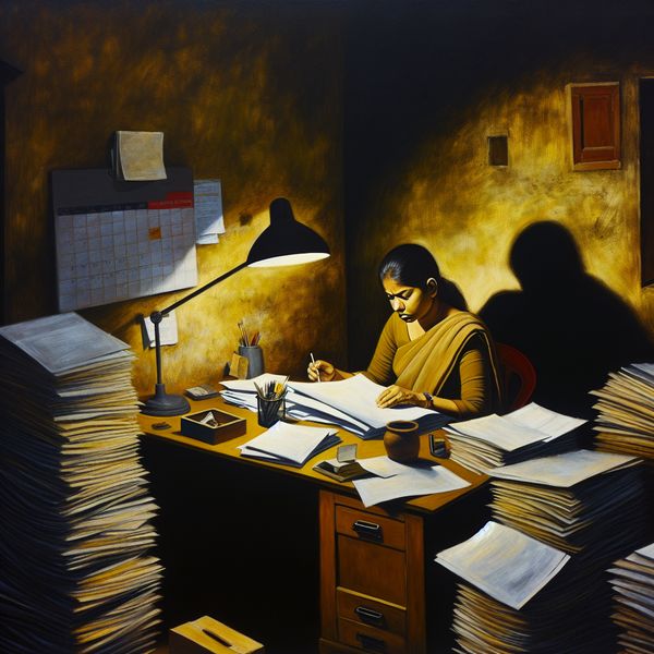 Geconcentreerd Werken in een Donkere Kamer Persoon die geconcentreerd documenten sorteert op een rommelig bureau in een somber verlichte kamer, met een lamp die warm licht uitstraalt.
