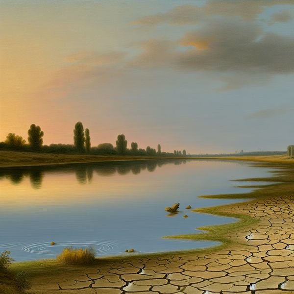 17e-eeuws Hollands landschap met een gedaald meerpeil door droogte, in de stijl van Gerard ter Borch