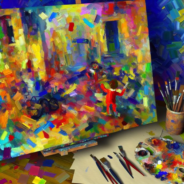 Gedeeltelijk Voltooid Abstract Schilderij Een abstracte en kleurrijke afbeelding van een gedeeltelijk voltooide schilderij met levendige verfspatten, een kindachtige figuur die energiek aan het schilderen is.
