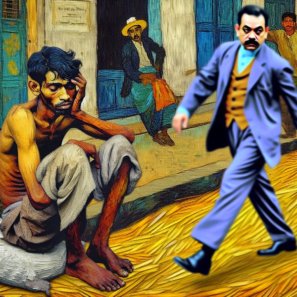 Dejected Man in Van Gogh Style Een gedeprimeerde man zit op een sidewalk met zijn hoofd in zijn handen, terwijl een man in een kostuum voorbijloopt zonder naar hem te kijken.