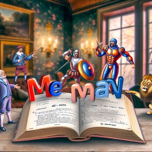 Een open Nederlands grammaticaboek met de term 'de man' en levendige mannelijke personages zoals een sterke man en een dappere ridder.