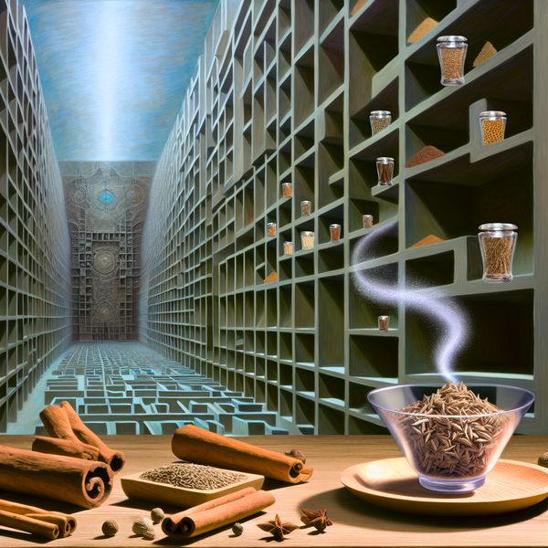 Hyperrealistisch surrealistisch tafereel van een monumentale keuken met gedroogde kruiden zoals kaneelstokjes, komijn- en korianderzaad in een glazen schaal, omgeven door een magische mist