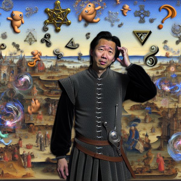Illustratie van 'geen barst' betekenis: informele ontkenning en verwarring Surrealistisch tafereel van een gefrustreerde middeleeuwse man die zijn hoofd krabt, omringd door zwevende symbolen en bizarre wezens, illustrerend de uitdrukking 'geen barst'