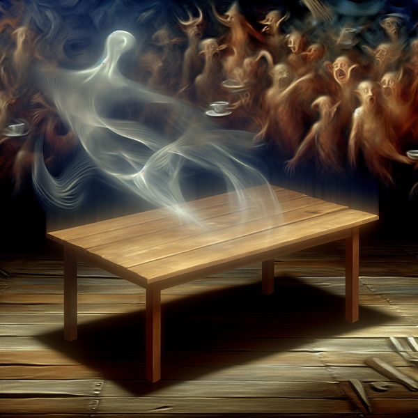 Surrealistische illustratie van totale afwezigheid en leegte in de stijl van Hieronymus Bosch Surrealistisch tafereel van een lege houten tafel met spookachtige omtrekken van verdwijnende voorwerpen en mysterieuze wezens, symbool voor 'geen enkel ding, totaal niet'