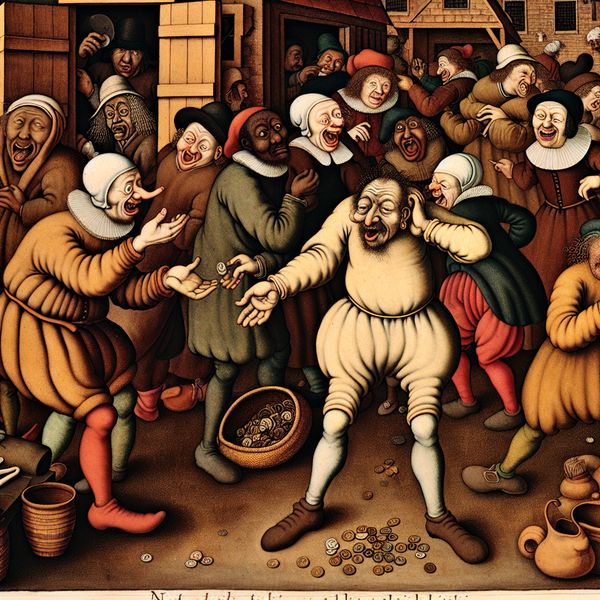 17e-eeuwse Nederlandse genrescène van Jan Steen met een persoon die verbaasd en teleurgesteld zijn lege zakken betast, omringd door een chaotische markt of huishouden met aardse kleuren en verspreide munten op de grond