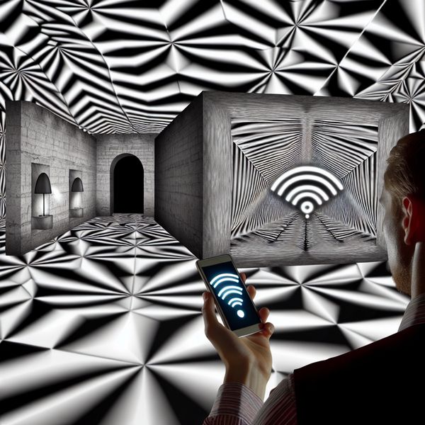 Surrealistische kelder met persoon die een smartphone vasthoudt zonder signaal, omringd door geometrische radiogolfpatronen in de stijl van M.C. Escher