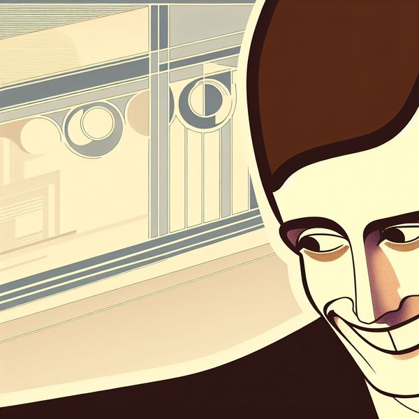 Retro-futuristische illustratie van een persoon met een geforceerde glimlach die een verborgen geheim verraadt, met subtiele gezichtsuitdrukkingen en geometrische achtergrond