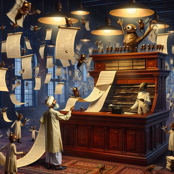 Surrealistisch tafereel van een persoon die persoonlijke gegevens doorgeeft aan een hybride ambtenaar in een bureaucratisch kantoor, geïnspireerd op Hieronymus Bosch