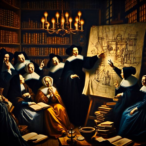 Een geheimzinnige bijeenkomst van vijf wetenschappers in historische kleding, levendig en expressief, in een dim verlichte kamer vol boeken en wetenschappelijke instrumenten.