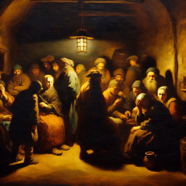 Geheime cel van verzetsbeweging in Rembrandt-stijl schilderij Kleine geheime groep in een donkere ondergrondse ruimte, georganiseerd als cel binnen een verzetsbeweging of politieke organisatie, geschilderd in Rembrandt-stijl met dramatische belichting