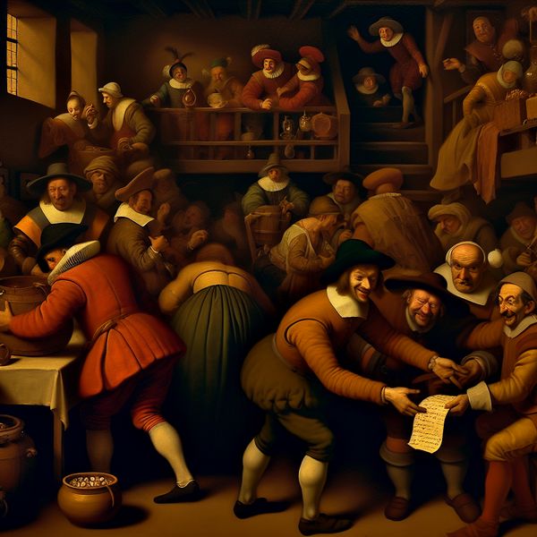 Geheime informatie stelen in historische Nederlandse genrekunst - Jan Steen stijl 17e-eeuws Nederlands tafereel van een chaotische taverne waar een persoon heimelijk een verzegeld document steelt van een afgeleide handelaar, symbool voor geheime informatie