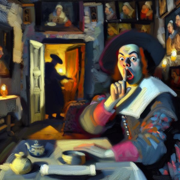 Geheimhouding in Nederlandse Gouden Eeuw schilderkunst - Taal leren Nederlands 17e-eeuws schilderij in de stijl van Frans Hals van een persoon die een geheim bewaart met een vinger op de lippen in een donkere kamer