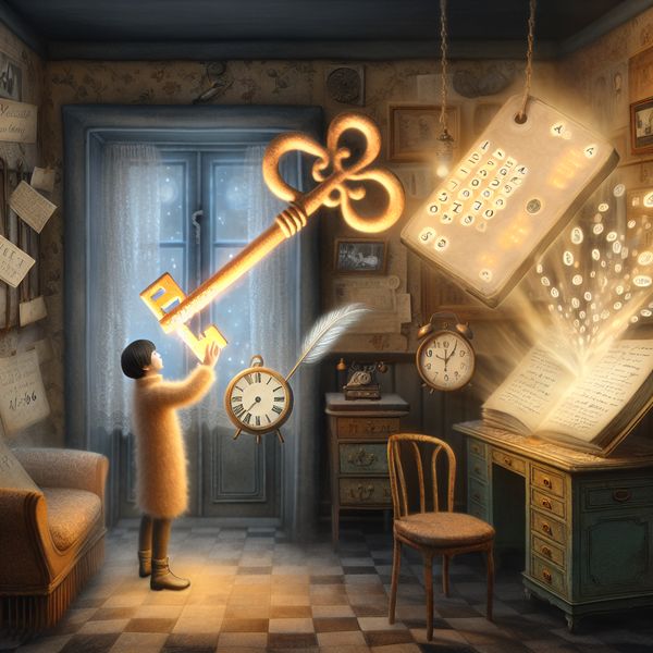 Illustratie van een persoon die een grote, gloeiende sleutel met het woord 'geheugen' in een zwevend, versierd boek steekt om iets te onthouden, omgeven door zwevende gedachten zoals een telefoon en kalender in een nostalgische kamer