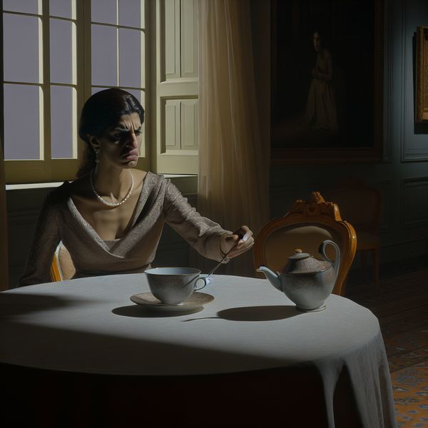 Geïrriteerde vrouw aan elegante dinertafel Een vrouw in een elegante interieur, zichtbaar geïrriteerd terwijl ze aan een gedekte tafel zit en haar kopje thee neerzet.