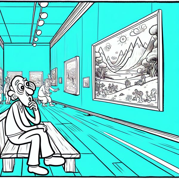 Personage dat gefascineerd kijkt naar kleurig schilderij in museum Een cartoonachtige afbeelding van een persoon die met wijdopen ogen naar een kleurrijk schilderij in een museum kijkt.