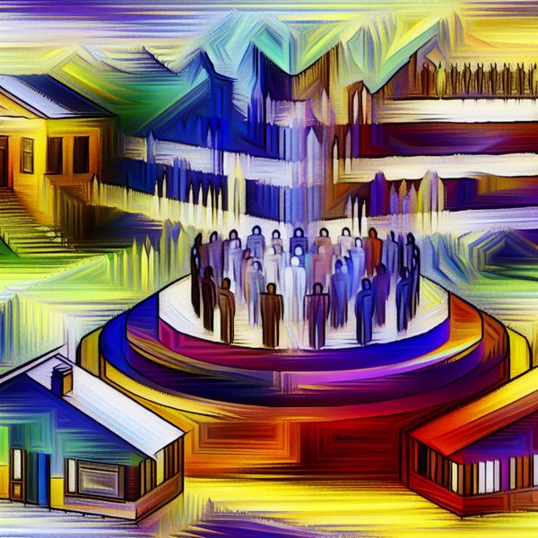 Abstract expressionistische illustratie van gelaagde bestuurlijke hiërarchie met lokaal draagvlak en Europees niveau in dynamische penseelstreken