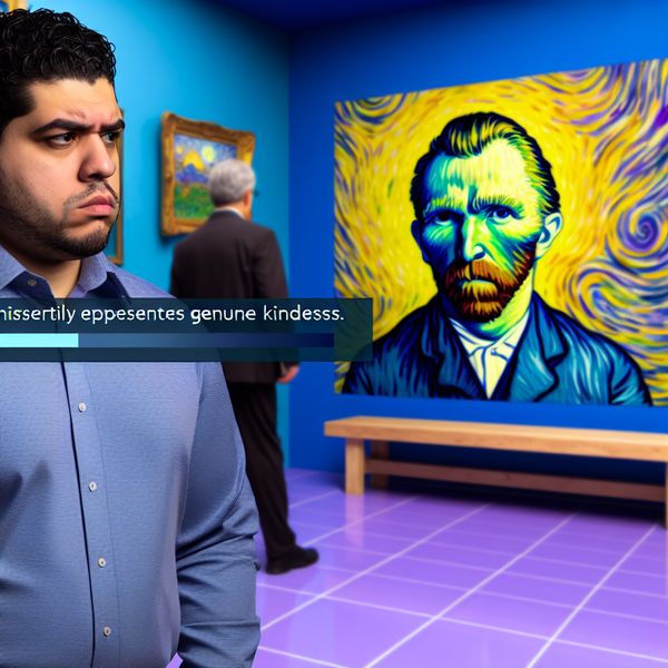 Man met vriendelijke blik omgeven door kleurrijke ontwerpen in Van Gogh-stijl