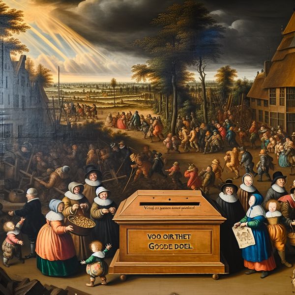 Gemeenschap geld inzamelen voor goed doel in historische Nederlandse setting 17e-eeuws Nederlands dorpsplein waar mensen geld inzamelen voor een dierenasiel, met een collectebus 'Voor het Goede Doel' en kinderen met tekeningen van dieren