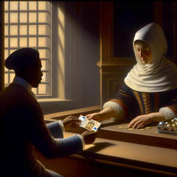 Geld omwisselen bij de bank - historische Nederlandse geldtransactie in Vermeer-stijl 17e-eeuwse Nederlandse bankscène in Vermeer-stijl: klant ruilt 50-eurobiljet om bij bankmedewerker voor kleinere biljetten en munten