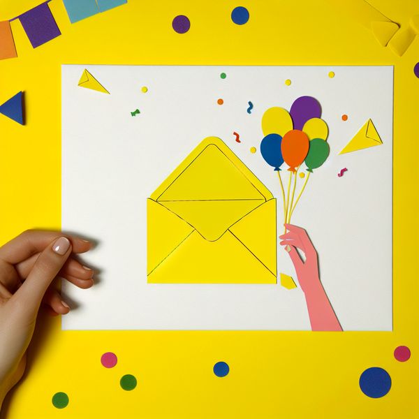 Minimalistische Gele Envelop voor Uitnodigingen Heldere gele envelop in het midden, vastgehouden door een hand, omringd door feestelijke ballonnen en confetti