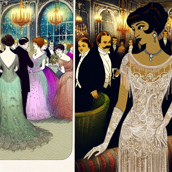 Gelegenheidskleding: avondjurk in sprookjesachtige balzaal met Anton Pieck-stijl Elegante vrouw in een luxueuze avondjurk van delicate kant en glanzende stof in een sprookjesachtige balzaal met gasten en kaarslicht