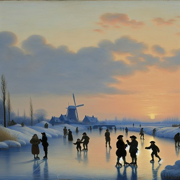 Sereen wintertafereel met een bevroren kanaal bij zonsondergang, mensen schaatsen en spelen geleidelijk in het zachte licht, in de stijl van Hendrick Avercamp