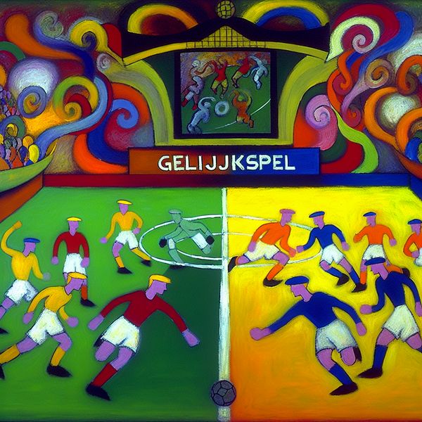 Gelijkspel tussen twee sportteams op kleurrijk veld Abstracte afbeelding van twee sportteams op een kleurrijk veld, die kijken naar een scoreboard met de tekst 'Gelijkspel' boven hen.