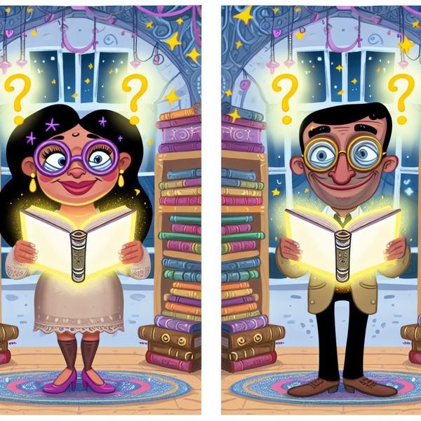 Gelijkstelling uitleg met magische boeken en cartoonfiguren voor taalonderwijs Twee cartoonfiguren met identieke magische boeken die gelijkstelling illustreren in een gezellige setting met boekenplanken en speelse details