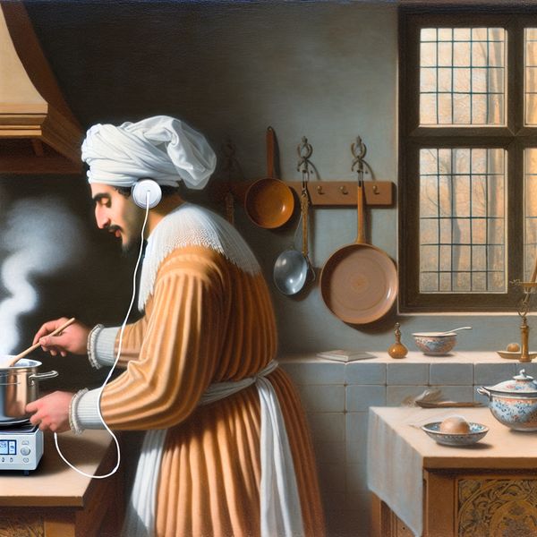Gelijktijdig koken en muziek luisteren - Nederlandse taalillustratie Persoon die gelijktijdig kookt en naar muziek luistert in een gezellige keuken, ter illustratie van het woord 'gelijktijdig'