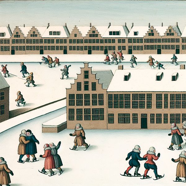 Gelijkvormige gebouwen en wintertafereel in Avercamp-stijl voor taalonderwijs Gelijkvormige winkels langs een bevroren kanaal met schaatsers, geschilderd in de stijl van Hendrick Avercamp