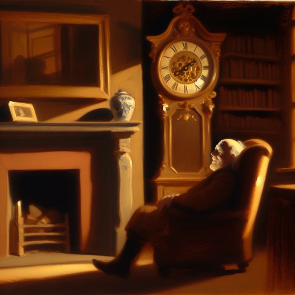 Elderly gentleman listening to an antique clock in a cozy room, with sound waves illustrated as ripples