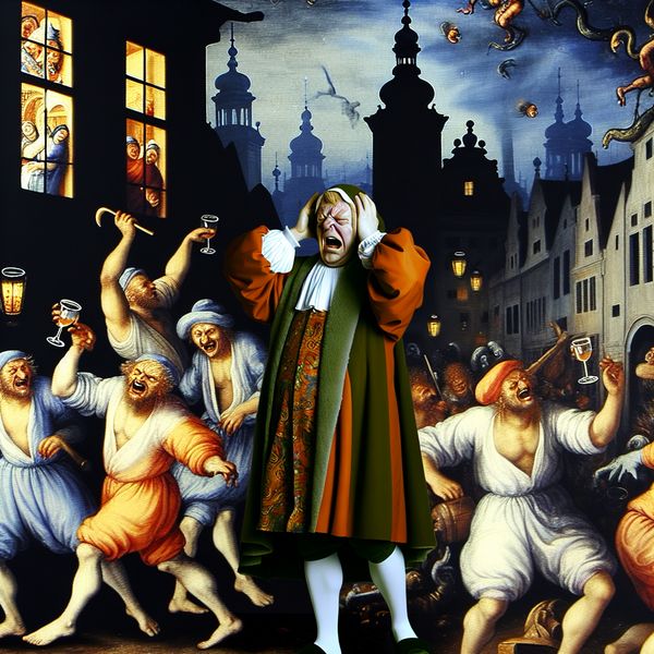 Barokke schilderij van een gefrustreerde man in 17e-eeuwse kleding die zijn oren dichtdrukt door lawaaiige buren die feesten, met een slapeloze figuur bij het raam