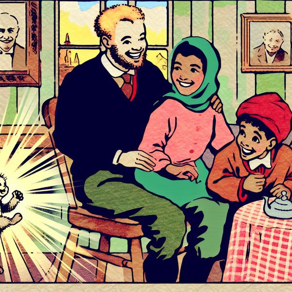Gelukkige Kinderen en Ouders in een Warmtevolle Woonkamer Een cartoonachtige afbeelding van een gelukkig kind omarmd door zijn ouders in een knusse woonkamer vol warmte en liefde.