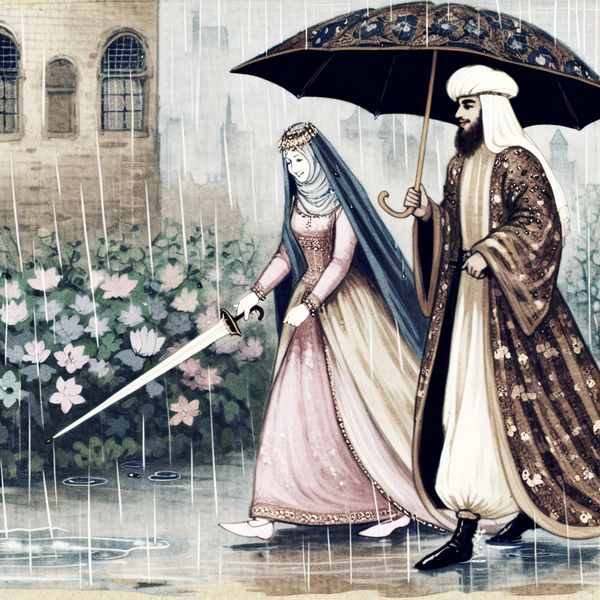 Gelukkig paar in de regen onder een paraplu Een paar wandelt hand in hand onder een paraplu in de regen, met een glimlach, gekleed in elegante kleding.
