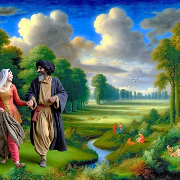 Liefde en Partnerschap in de Natuur Een gelukkig stel wandelt hand in hand door een weelderig groen landschap met bomen en een rivier, straalt liefde en partnerschap uit.