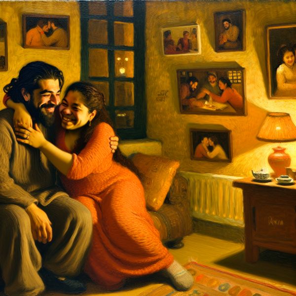 Gelukkig stel in warme woonkamer Een gelukkig stel in een gezellig verlichte woonkamer, hand in hand zittend met liefdevolle blikken.