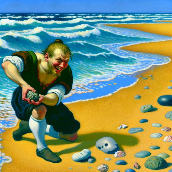 Een persoon in een kleurrijke strandscène die zich bukt om een glanzende, gemarmerde steen in het zand en kleine tijdevijvers te onderzoeken.