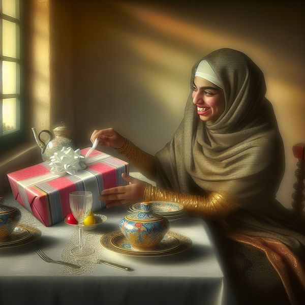 Een vrouw zit aan een prachtig gedekte tafel met een stralende glimlach, kijkend naar een mooi ingepakte cadeau.