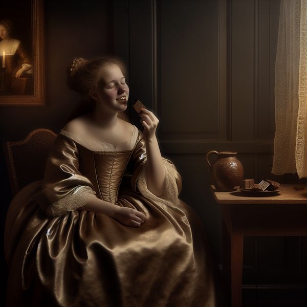 Jonge vrouw in elegante 17e-eeuwse jurk geniet van pure chocolade, met een zachte gloed die serotonine symboliseert, in een rustige binnenkamer