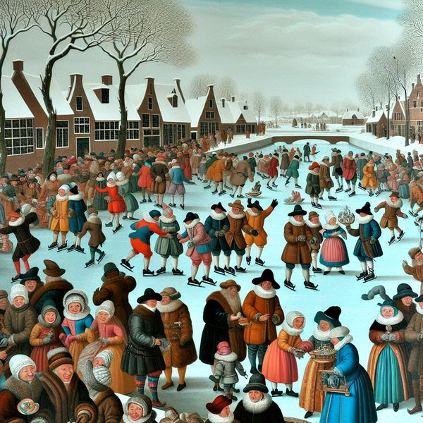 17e-eeuwse Nederlandse wintertafereel met vrolijke mensen die elkaar feliciteren op een bevroren kanaal, in de stijl van Hendrick Avercamp