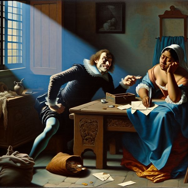 17e-eeuws schilderij in Vermeer-stijl van een man die een onschuldige vrouw valselijk beschuldigt met een vervalste brief, symboliserend gemeen en oneerlijk gedrag
