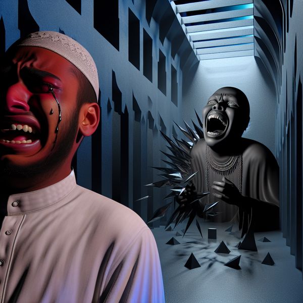 Illustratie van gemeen gedrag en emotionele pijn door kwetsende woorden Surrealistische voorstelling van een persoon die huilt door gemene opmerkingen, met scherpe woorden die emotionele schade veroorzaken