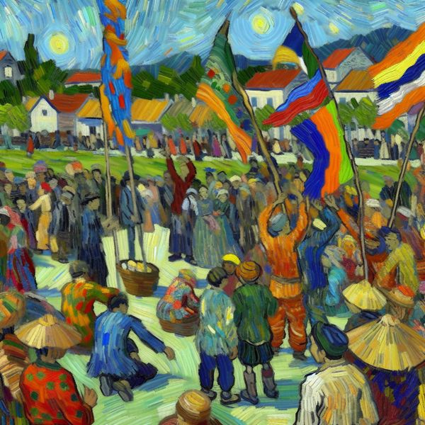 Vibrante Gemeenschapsbijeenkomst door Lokale Omroep Vrolijke mensen van verschillende leeftijden deelnemen aan culturele activiteiten tijdens een lokaal evenement, met kleurrijke vlaggen op de achtergrond.