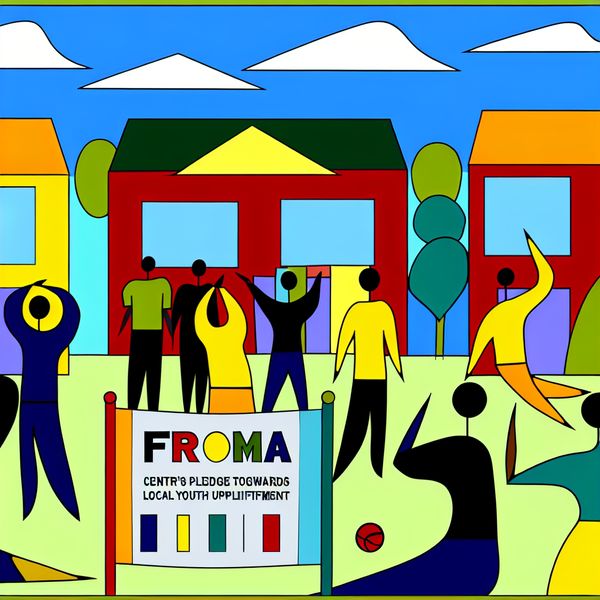 Minimalistische illustratie van een levendig gemeenschapscentrum met jongeren die deelnemen aan workshops en sportactiviteiten, met een banner 'FROMA' op de voorgrond.