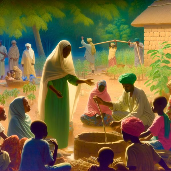 Onderwijs en Gemeenschapsontwikkeling in Afrika Een vrouw onderwijst kinderen over landbouw in een Afrikaans dorp terwijl mannen een waterput bouwen.