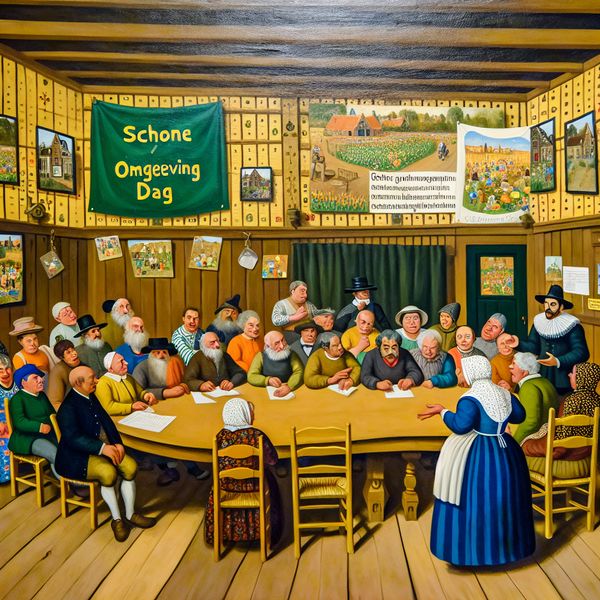 Gemeentelijke Vergadering in een Nederlands Dorp Een levendige vergadering in een Nederlands dorp met inwoners die enthousiast deelnemen aan het gesprek.